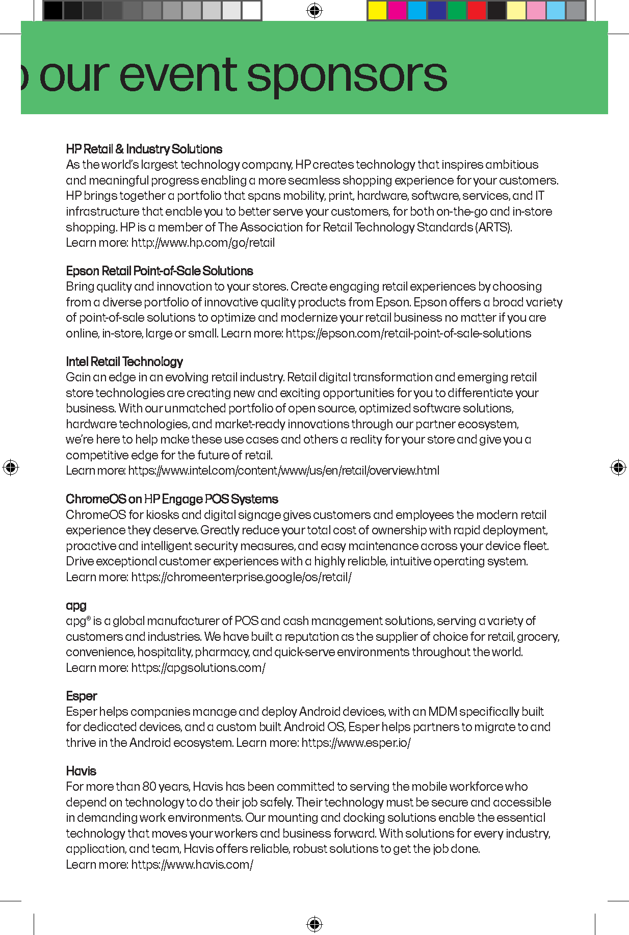 HP Retail Ignite and Intel Agenda Booklet - page 3. Title: ...our event sponsors