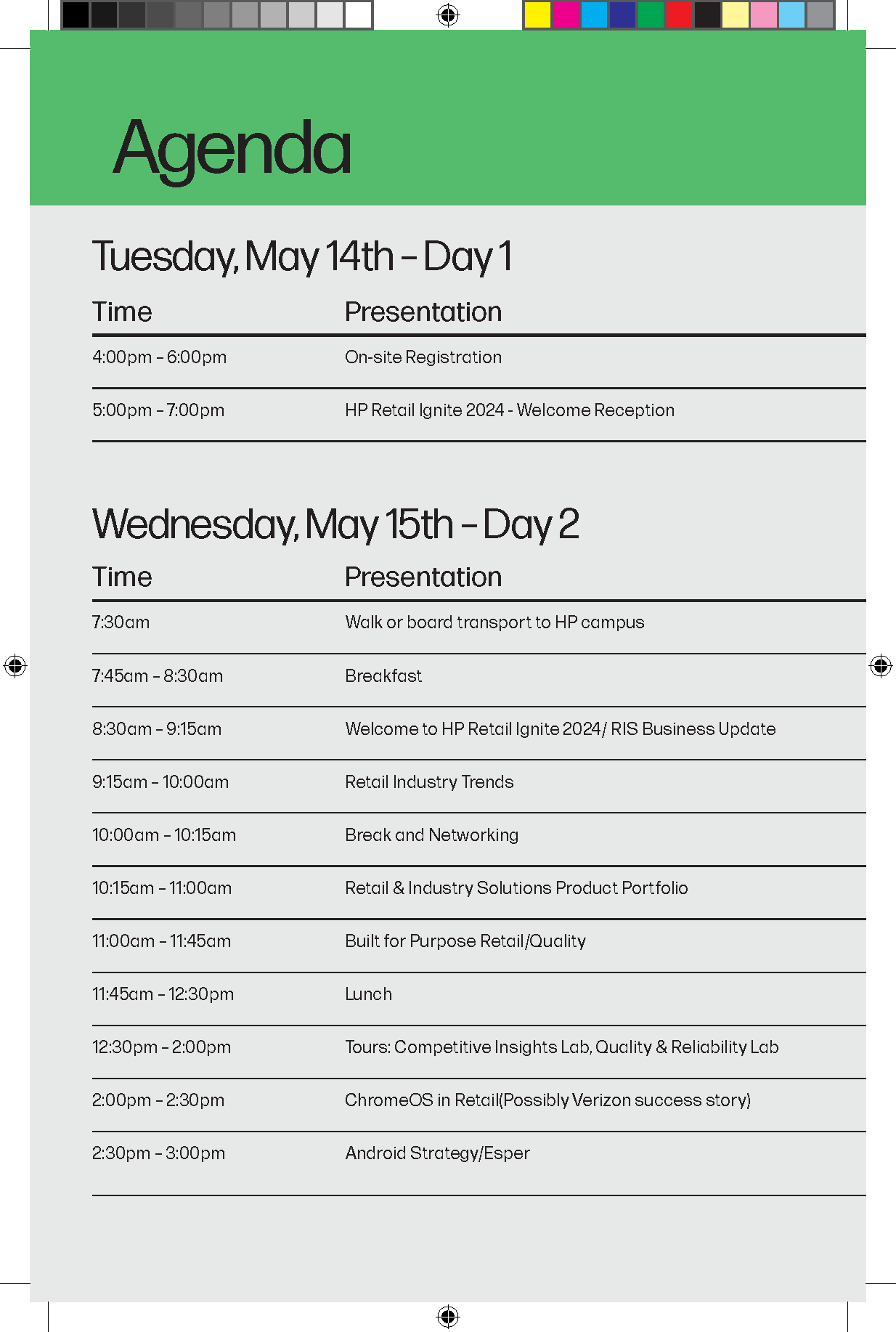HP Retail Ignite and Intel Agenda Booklet - page 4. Title: Agenda. Tuesday, May 14th-Day 1. Wednesday, May 15th-Day 2.