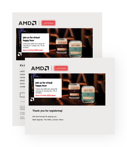 Email and thank you page for AMD Virtual Happy Hour event